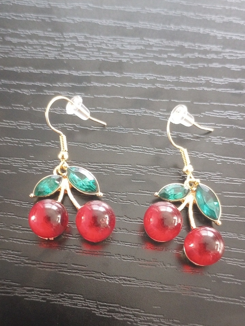 Fruit Cherry Golden Drop Earrings With Green Leaves